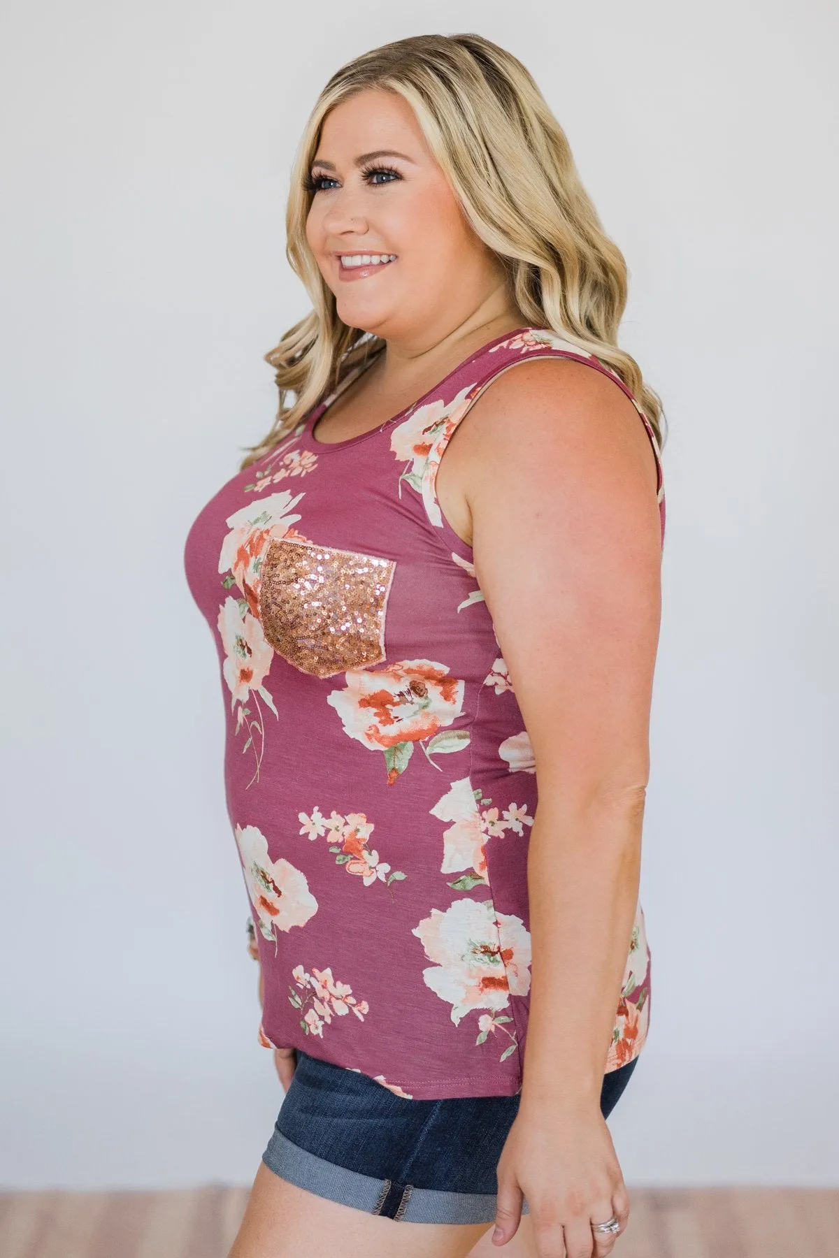 I'm All Yours Floral Glam Pocket Tank Top- Berry