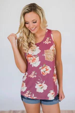 I'm All Yours Floral Glam Pocket Tank Top- Berry