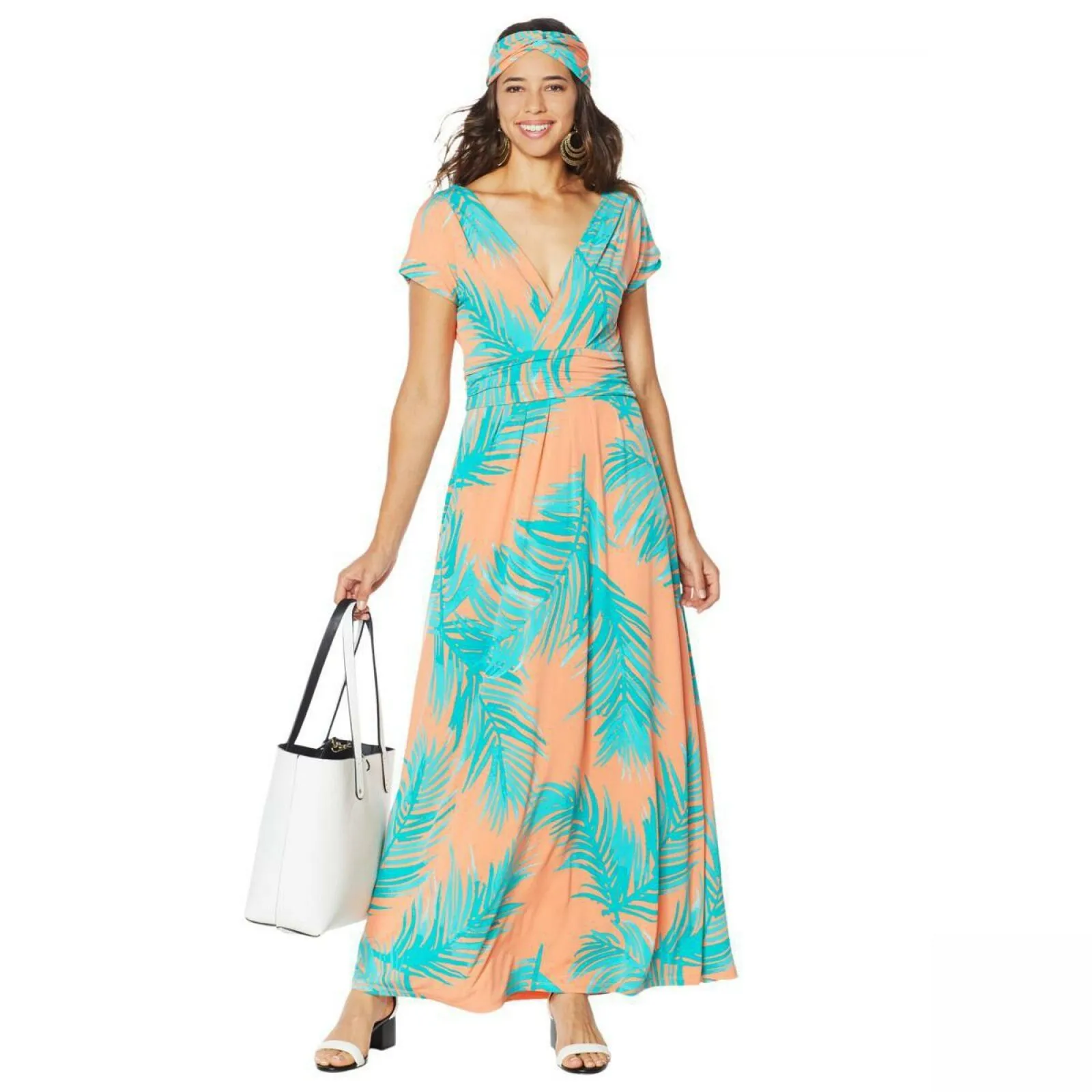 IMAN Women's Plus Size Boho Chic Jersey Knit Maxi Dress With Head Wrap