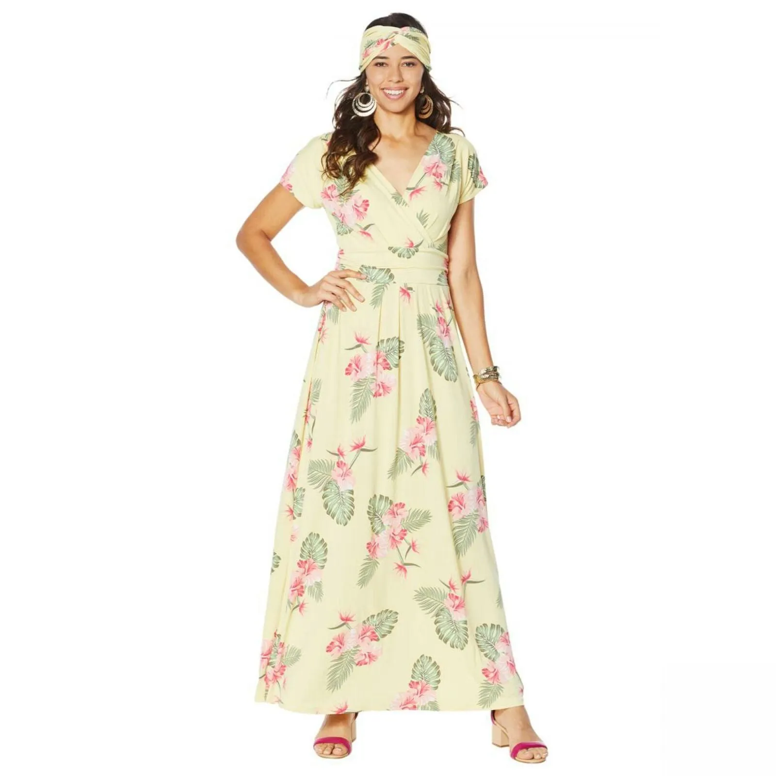 IMAN Women's Plus Size Boho Chic Jersey Knit Maxi Dress With Head Wrap