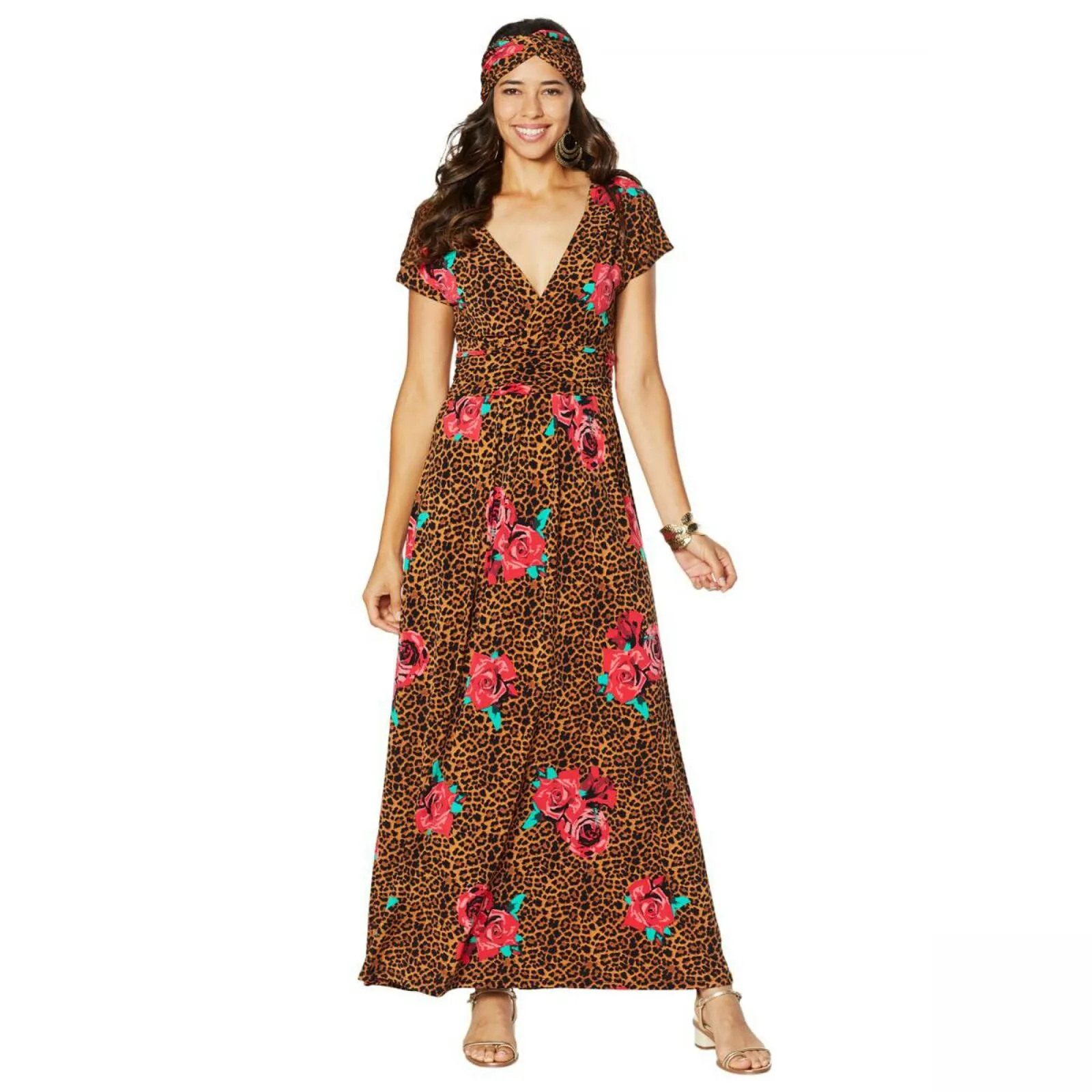 IMAN Women's Plus Size Boho Chic Jersey Knit Maxi Dress With Head Wrap