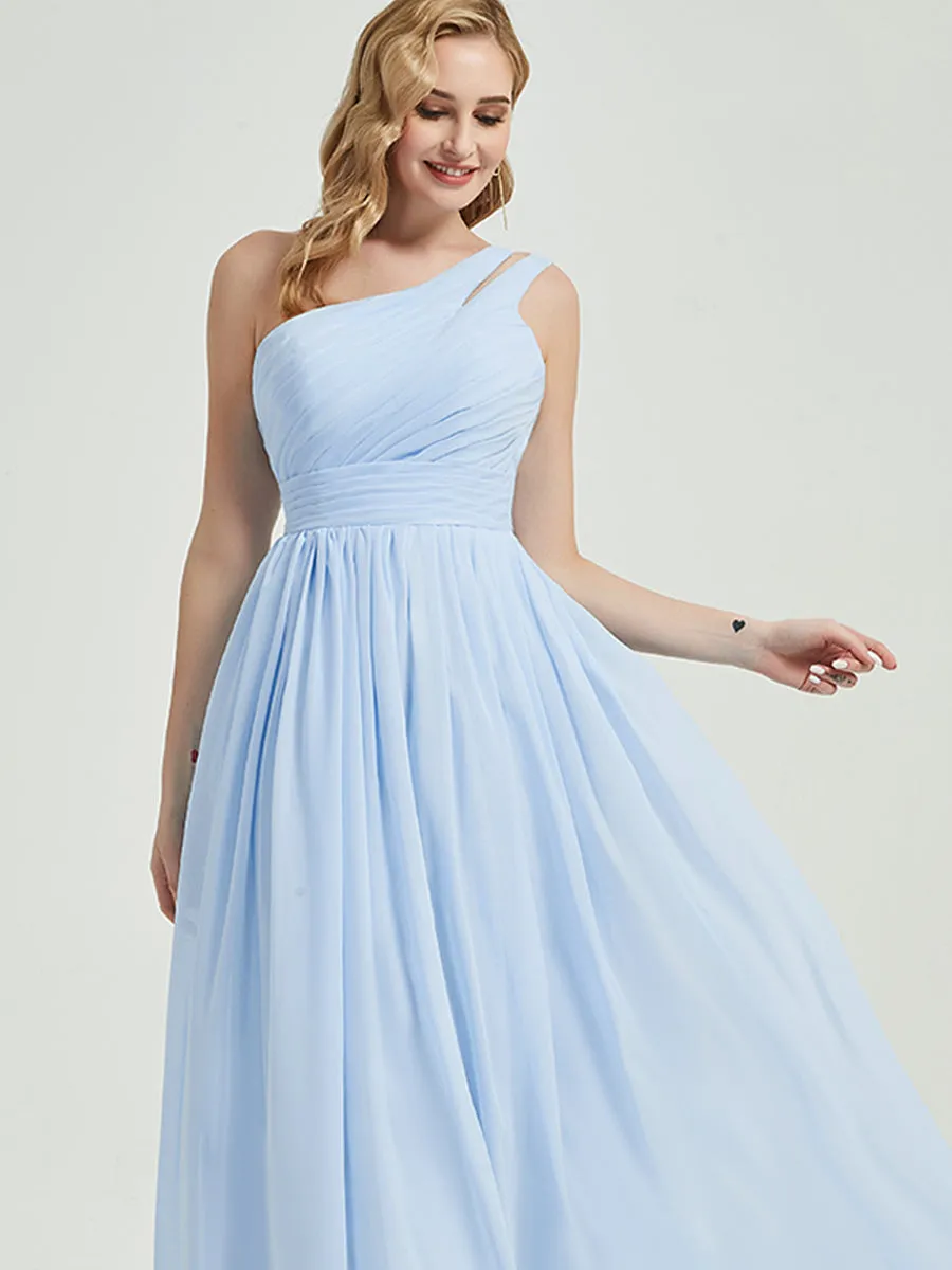 Ink Blue Pleated One Shoulder A-Line Maxi Chiffon Bridesmaid Dress