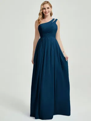 Ink Blue Pleated One Shoulder A-Line Maxi Chiffon Bridesmaid Dress