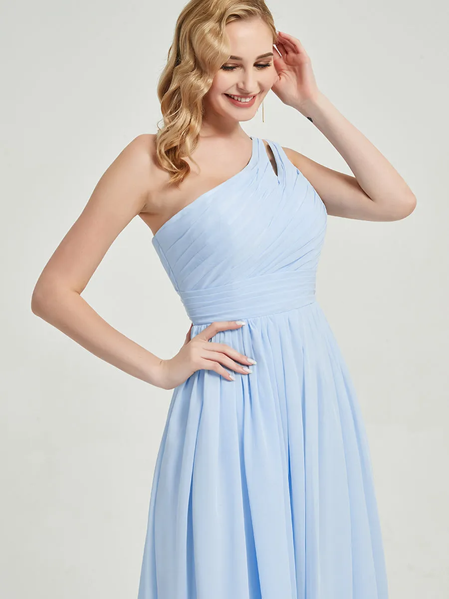 Ink Blue Pleated One Shoulder A-Line Maxi Chiffon Bridesmaid Dress