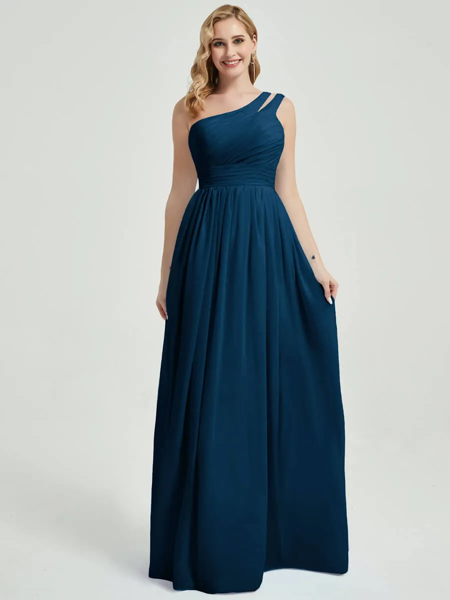 Ink Blue Pleated One Shoulder A-Line Maxi Chiffon Bridesmaid Dress