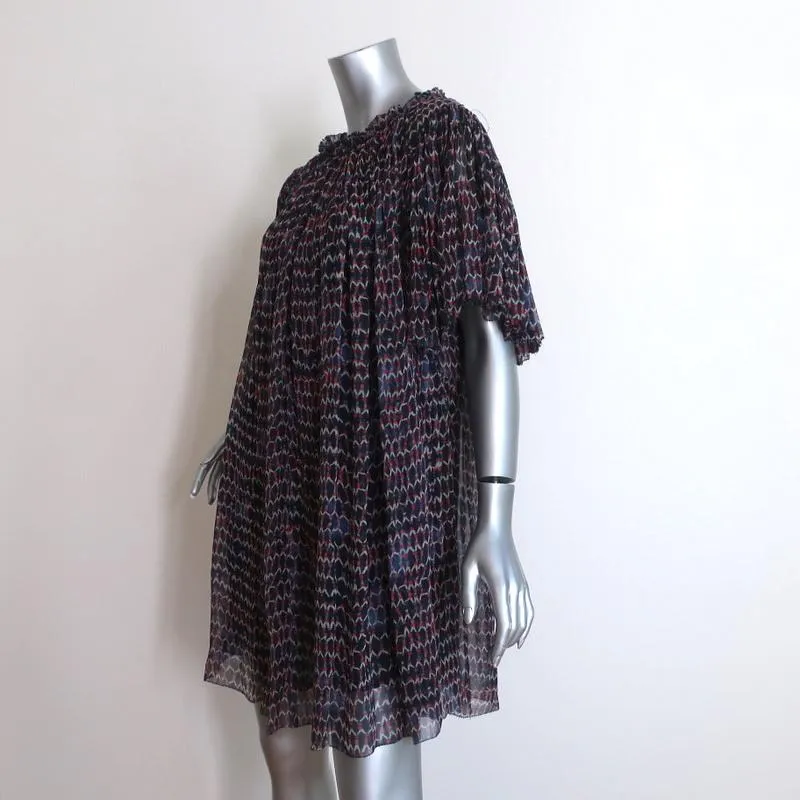 Isabel Marant Dress Milly Navy Pleated Printed Chiffon Size 38 Short Sleeve Mini