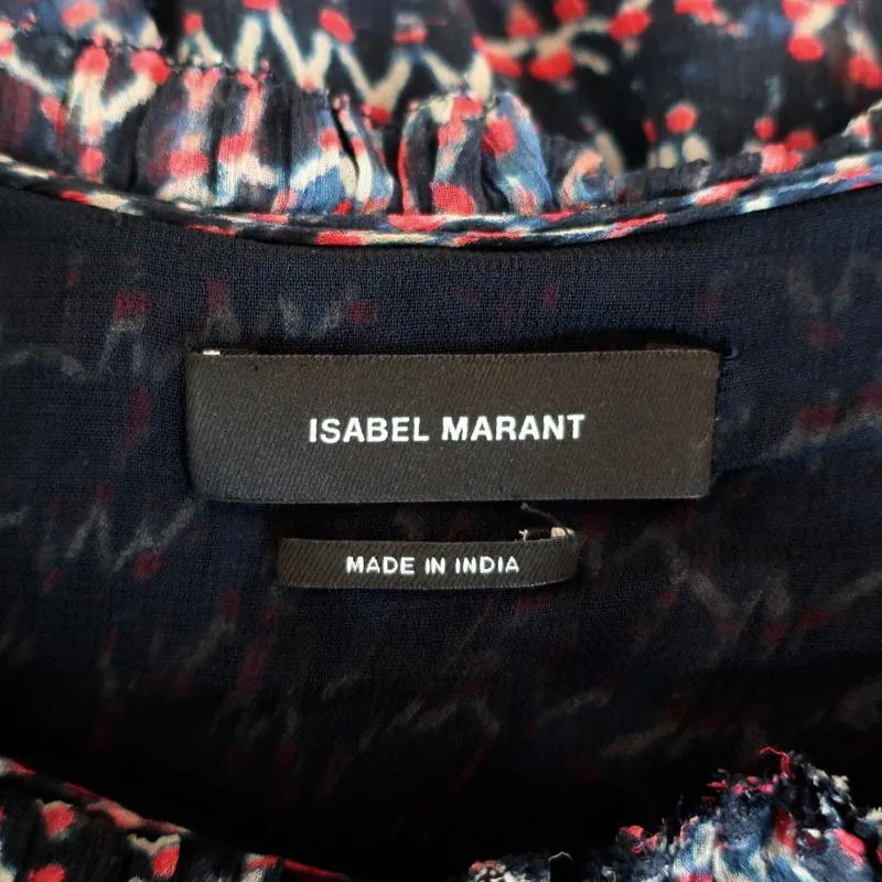 Isabel Marant Dress Milly Navy Pleated Printed Chiffon Size 38 Short Sleeve Mini