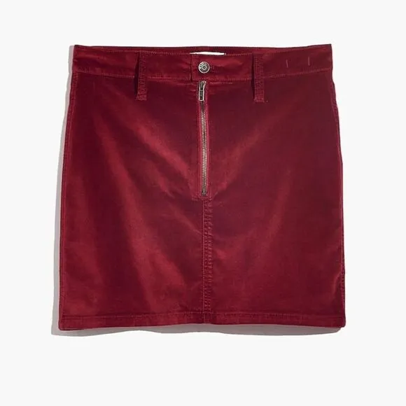 J. Crew Madewell Stretch Velveteen Straight Zip Mini Skirt Red Burgundy NWOT