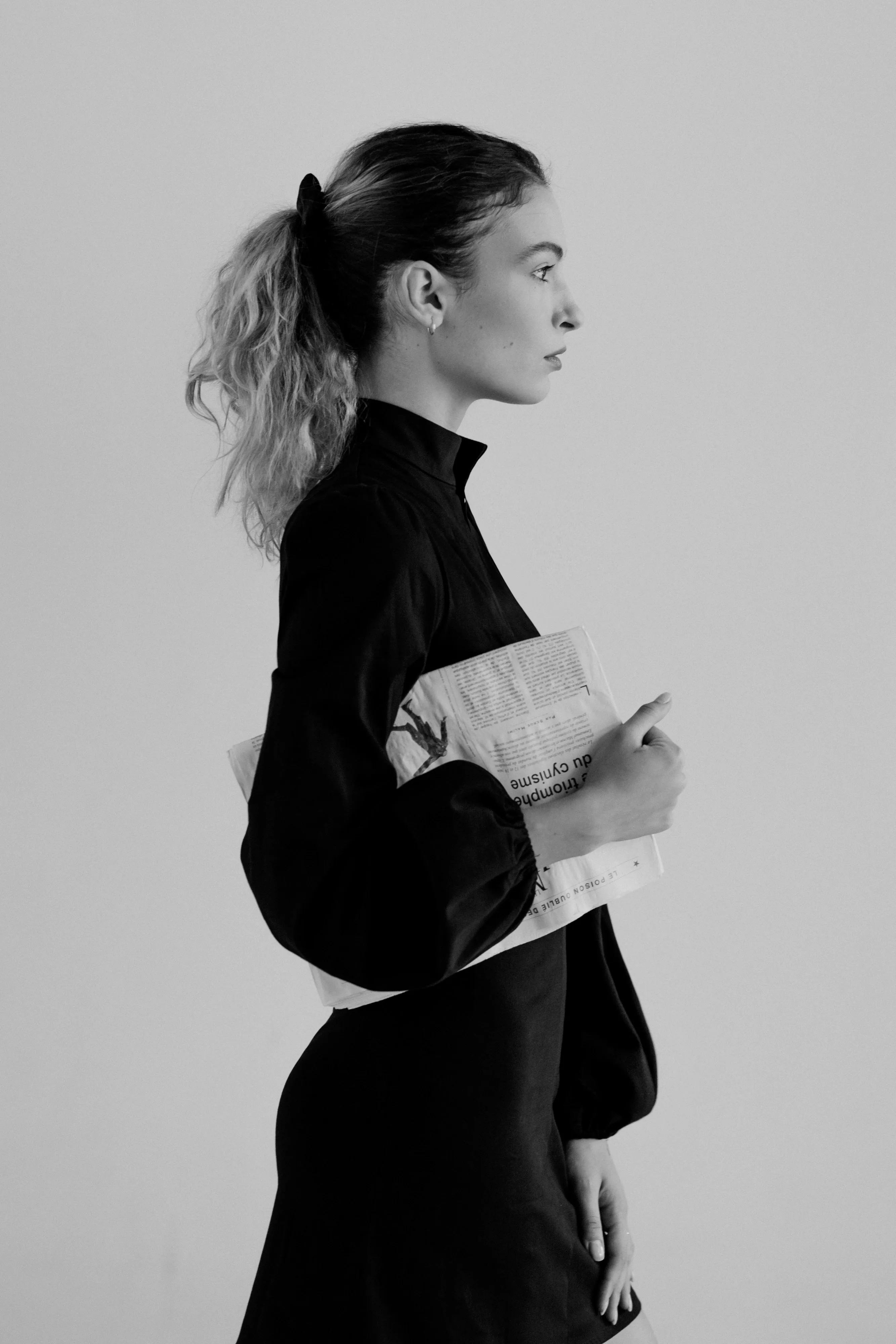 Jane High Neck Empire Mini Dress with Hook and Eye Detail and Blouson Sleeves / Black Cotton