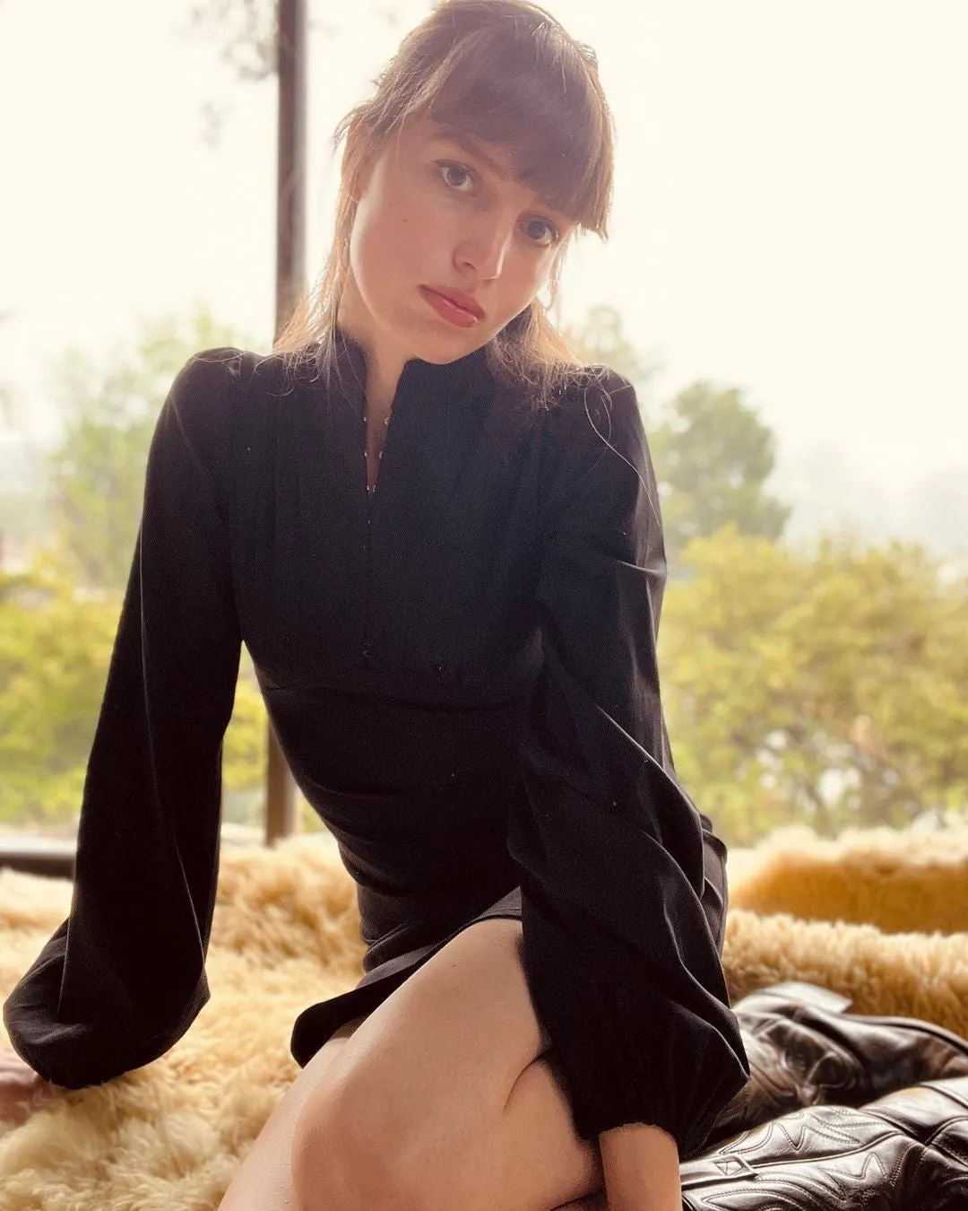 Jane High Neck Empire Mini Dress with Hook and Eye Detail and Blouson Sleeves / Black Cotton