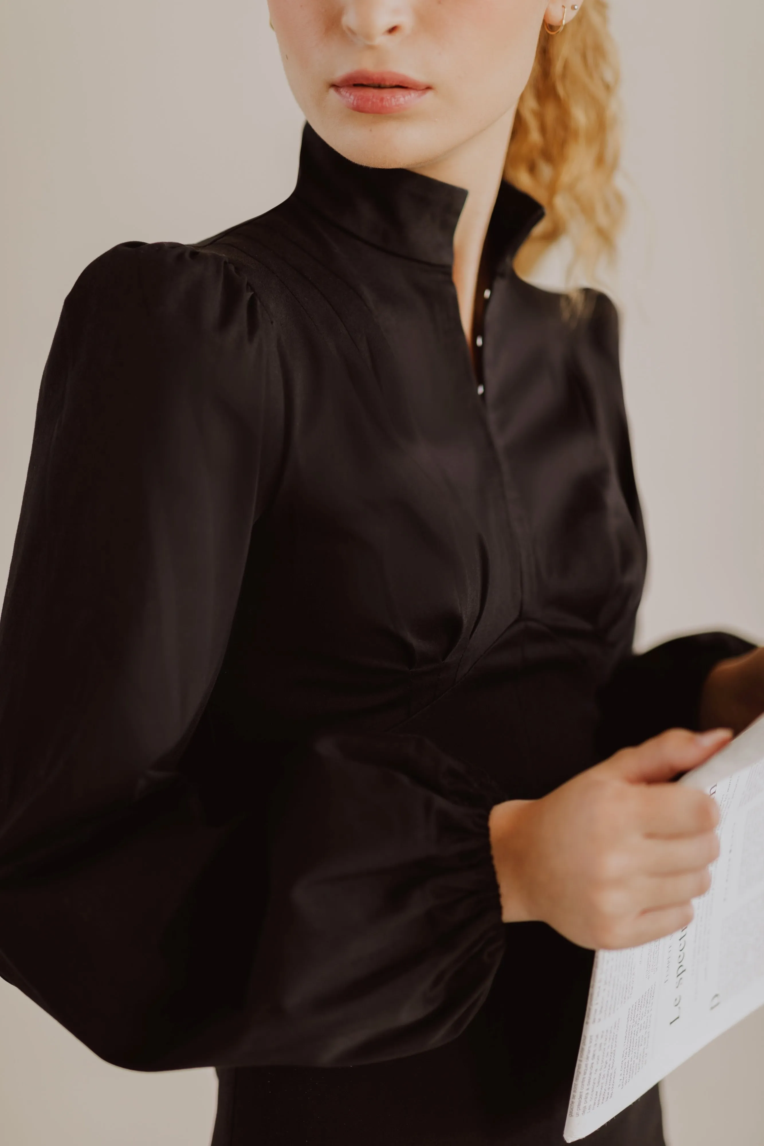 Jane High Neck Empire Mini Dress with Hook and Eye Detail and Blouson Sleeves / Black Cotton