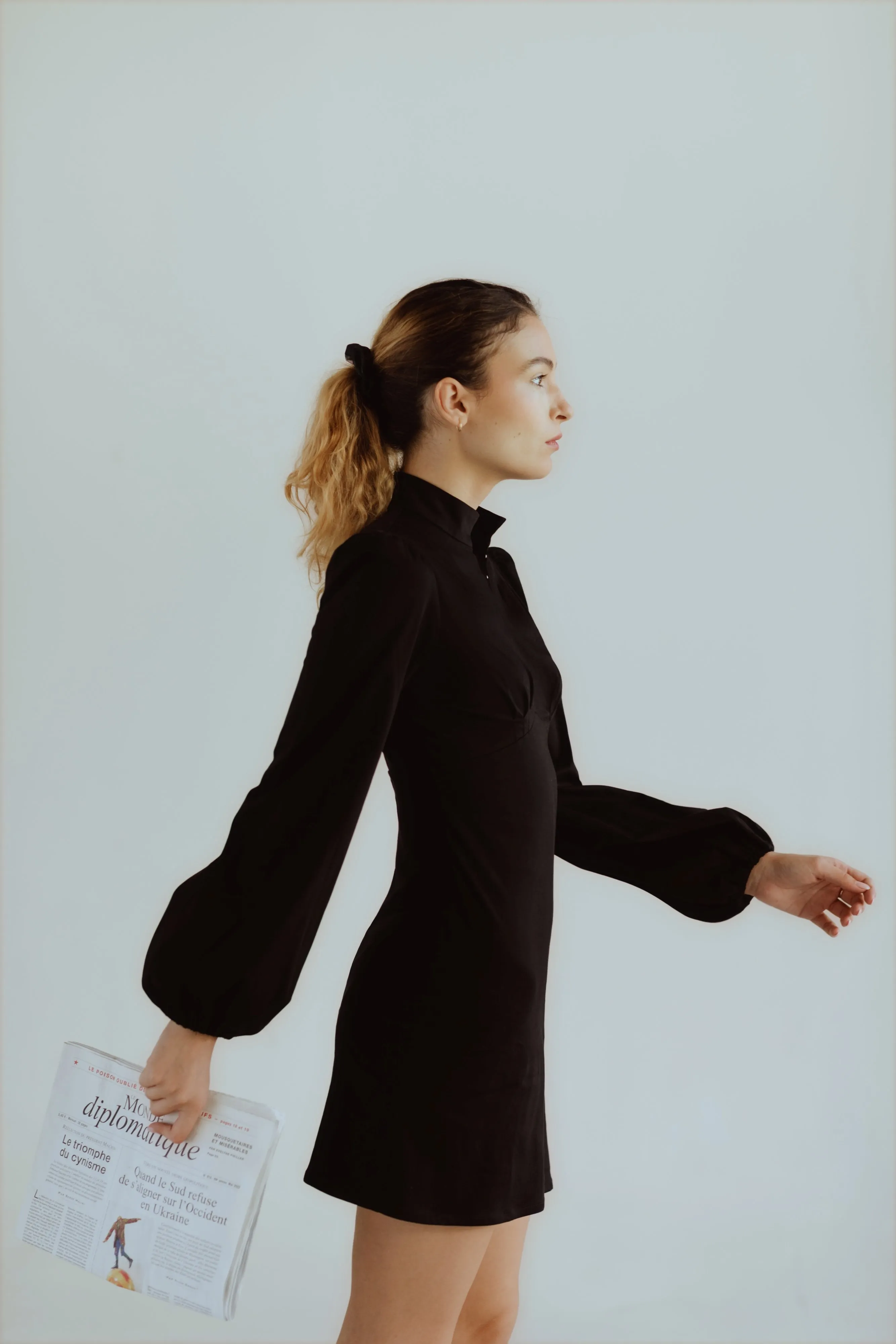 Jane High Neck Empire Mini Dress with Hook and Eye Detail and Blouson Sleeves / Black Cotton