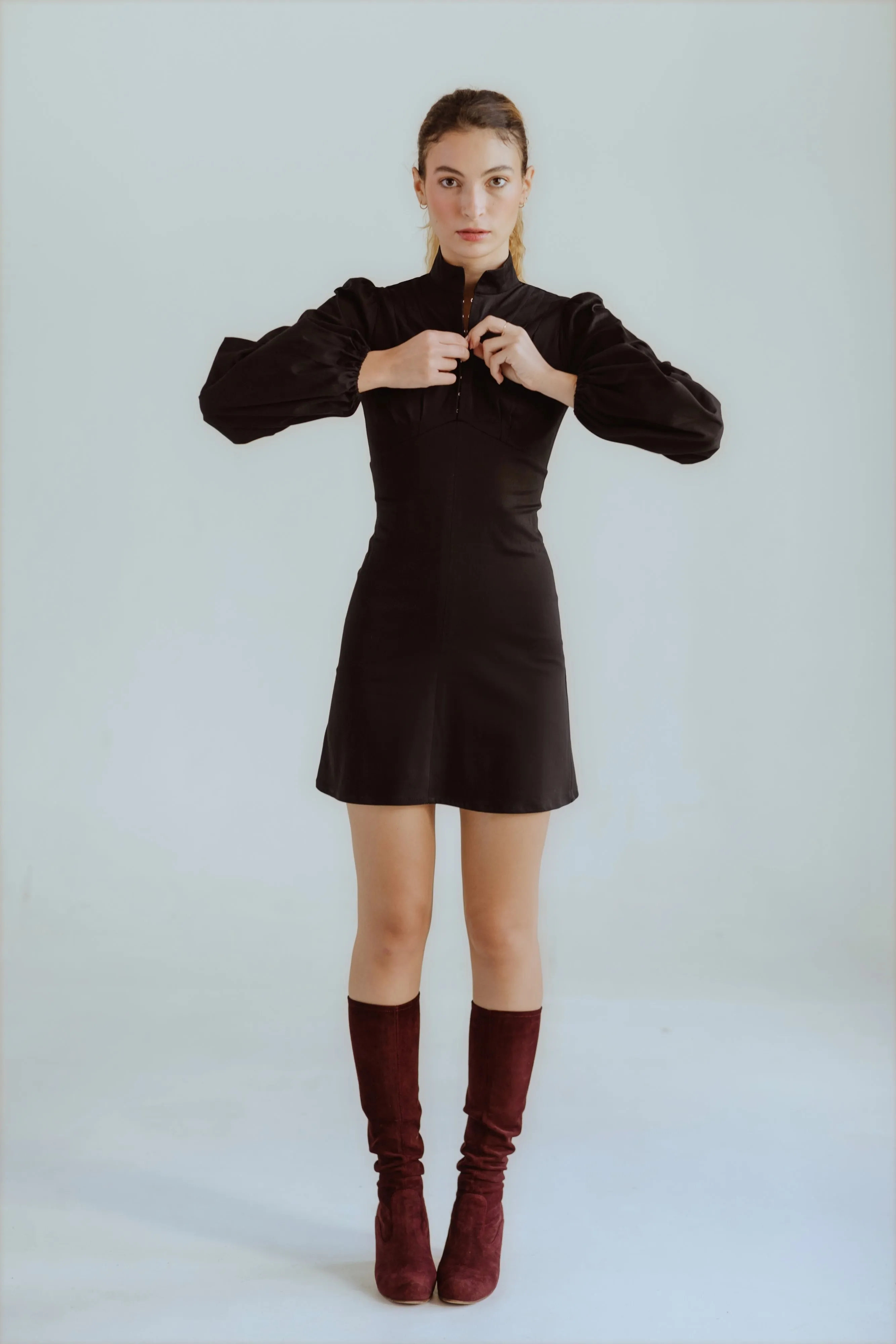 Jane High Neck Empire Mini Dress with Hook and Eye Detail and Blouson Sleeves / Black Cotton