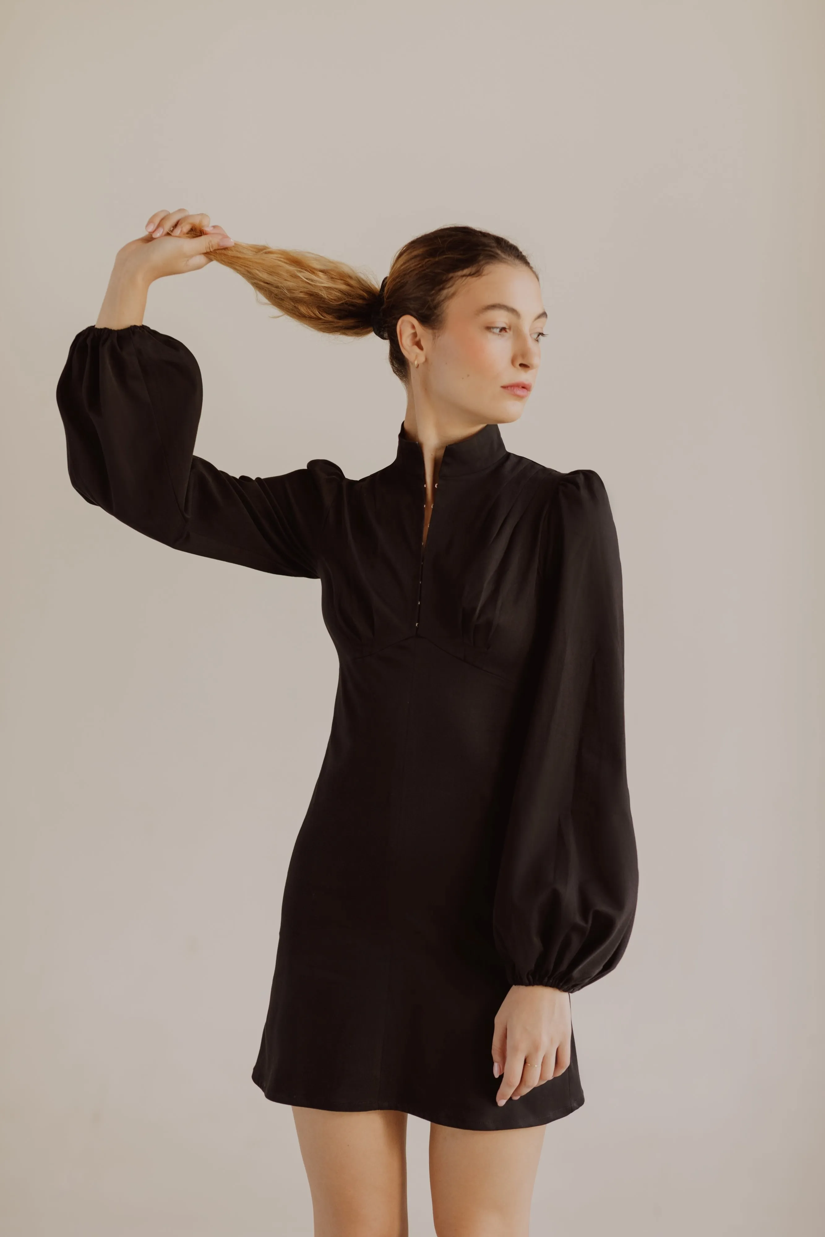 Jane High Neck Empire Mini Dress with Hook and Eye Detail and Blouson Sleeves / Black Cotton