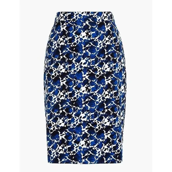 J.CREW NEW 10 Blue White Pencil Skirt Floral Watercolor Art Vented Stretch Fairy