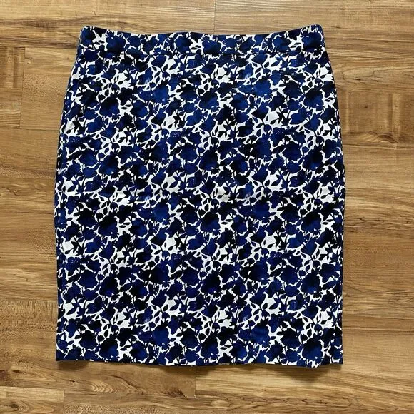 J.CREW NEW 10 Blue White Pencil Skirt Floral Watercolor Art Vented Stretch Fairy