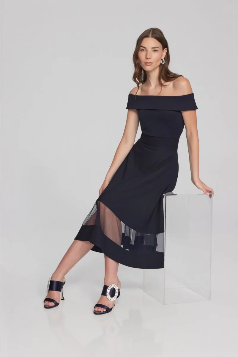 Joseph Ribkoff Midnight Blue Mesh Insert High Waist Midi Flared Skirt 241763