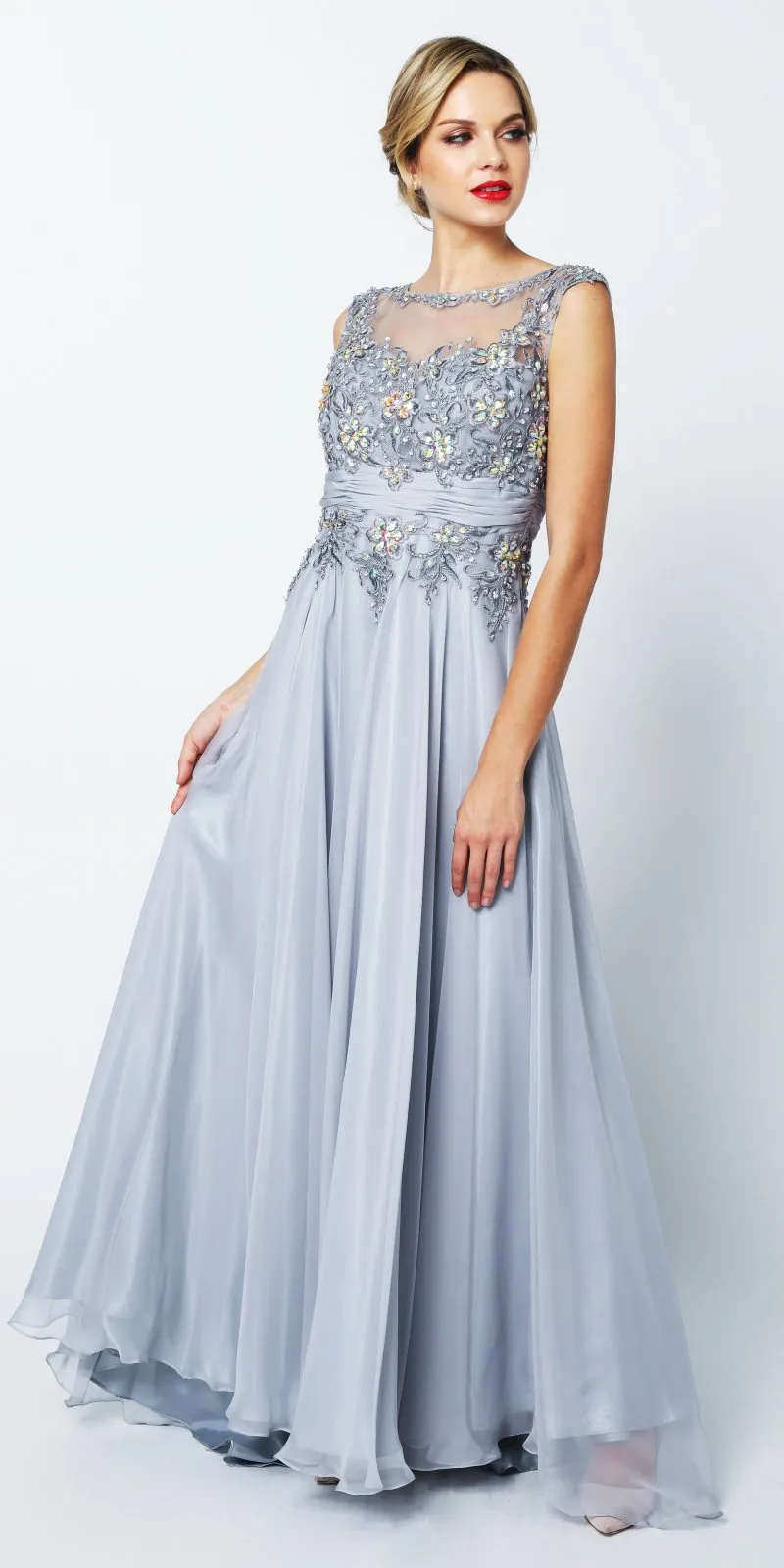 Juliet 552 Long Jewel Neckline Studded Bodice A-Line Gown