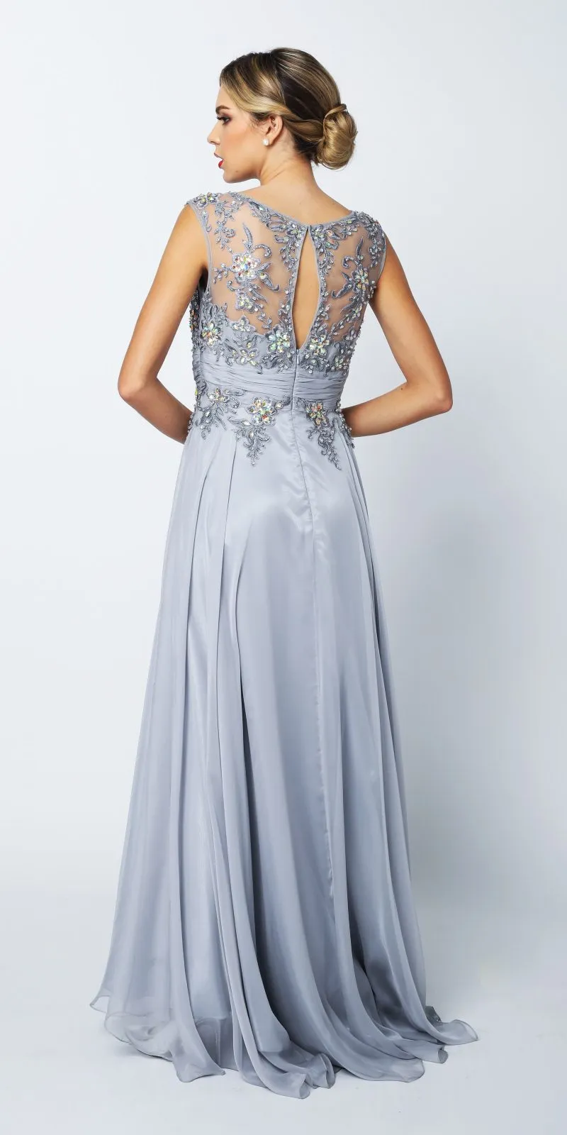 Juliet 552 Long Jewel Neckline Studded Bodice A-Line Gown