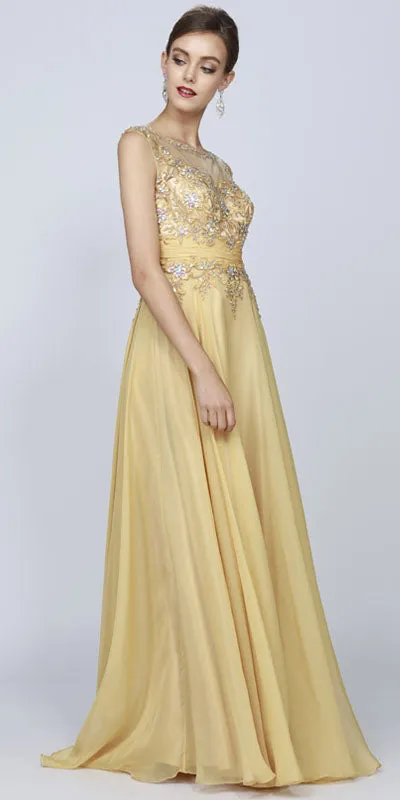 Juliet 552 Long Jewel Neckline Studded Bodice A-Line Gown