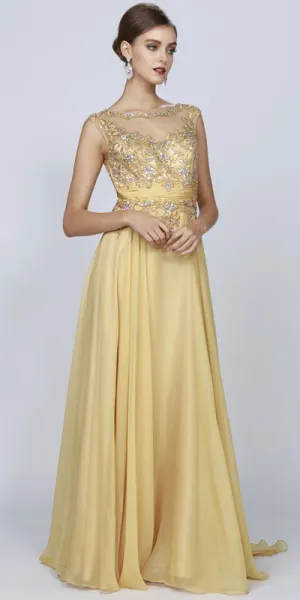 Juliet 552 Long Jewel Neckline Studded Bodice A-Line Gown
