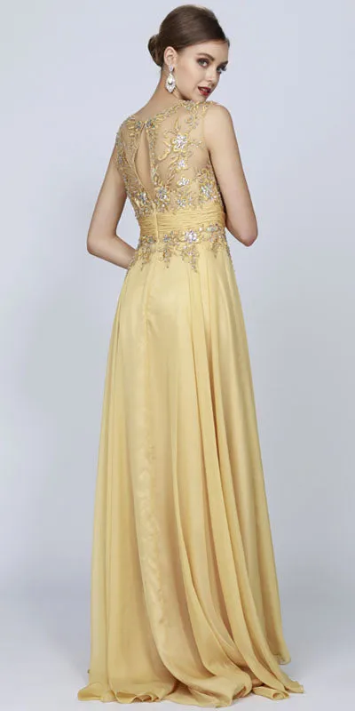 Juliet 552 Long Jewel Neckline Studded Bodice A-Line Gown