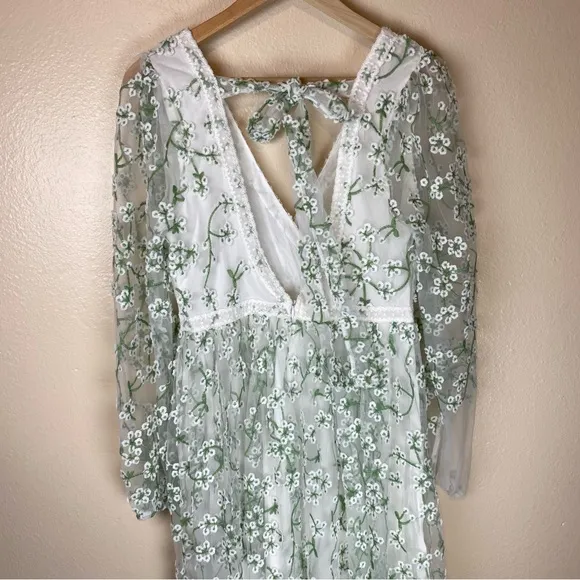 Just Me Heavenly Sights Floral Embroidered Maxi Dress- Medium green white a line