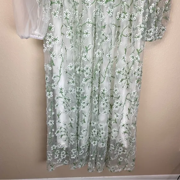 Just Me Heavenly Sights Floral Embroidered Maxi Dress- Medium green white a line