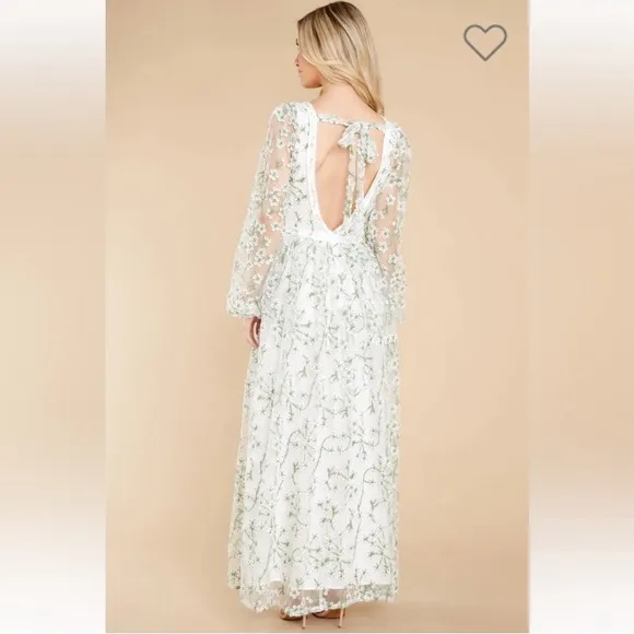 Just Me Heavenly Sights Floral Embroidered Maxi Dress- Medium green white a line