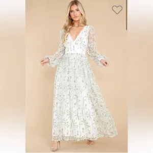 Just Me Heavenly Sights Floral Embroidered Maxi Dress- Medium green white a line