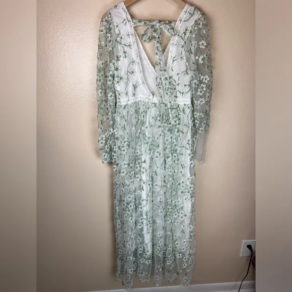 Just Me Heavenly Sights Floral Embroidered Maxi Dress- Medium green white a line