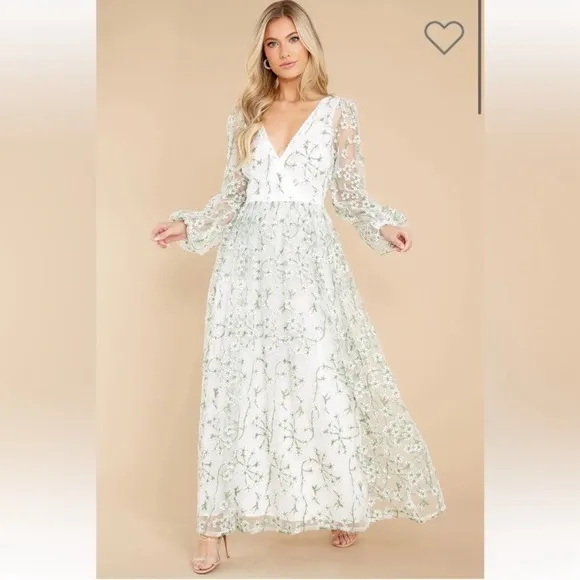 Just Me Heavenly Sights Floral Embroidered Maxi Dress- Medium green white a line