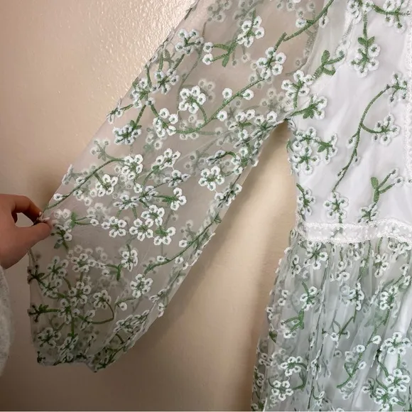 Just Me Heavenly Sights Floral Embroidered Maxi Dress- Medium green white a line