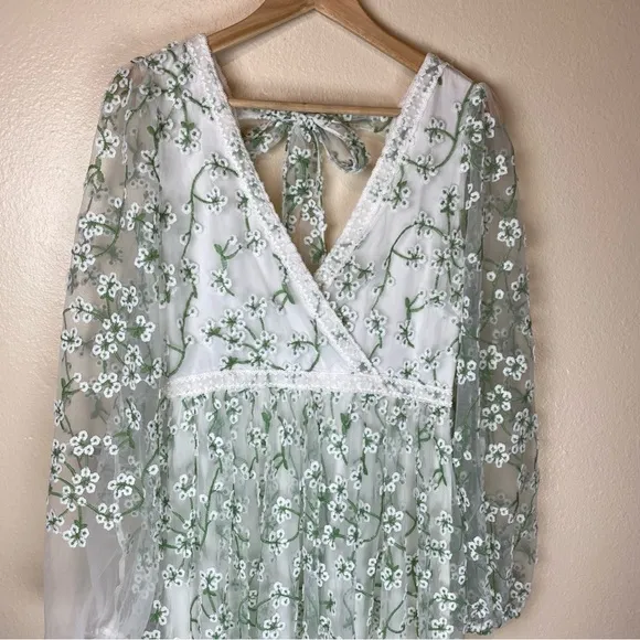 Just Me Heavenly Sights Floral Embroidered Maxi Dress- Medium green white a line