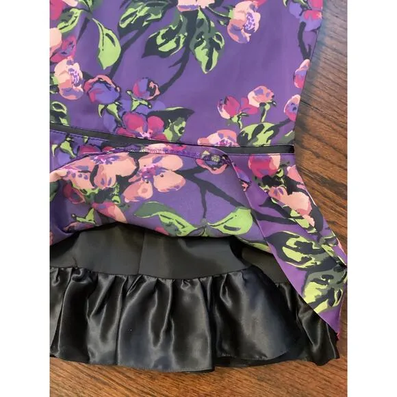 Karen Millen England Purple Floral Midi Ruffle Silk Tiered Pencil Formal Skirt 6