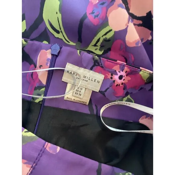 Karen Millen England Purple Floral Midi Ruffle Silk Tiered Pencil Formal Skirt 6