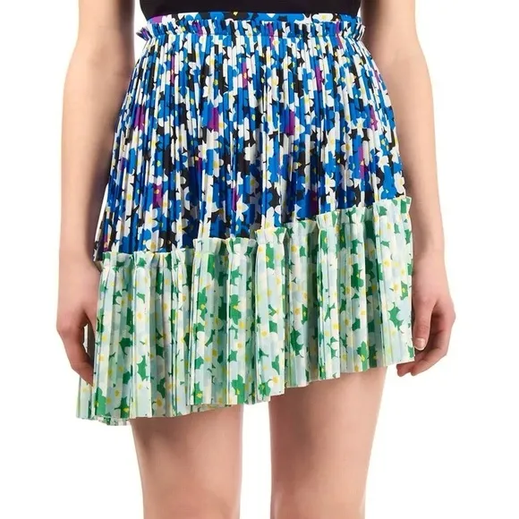 Kenzo Pleated Green &amp; Blue Floral Asymmetrical Jackie Mini Skirt