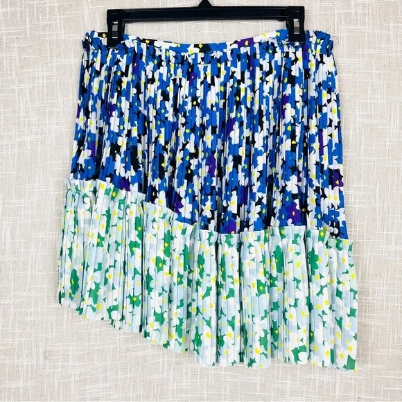 Kenzo Pleated Green &amp; Blue Floral Asymmetrical Jackie Mini Skirt