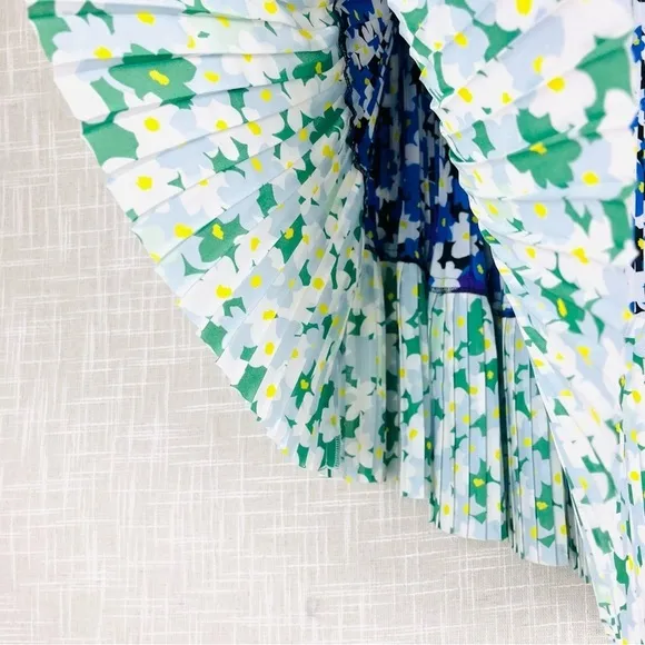Kenzo Pleated Green &amp; Blue Floral Asymmetrical Jackie Mini Skirt