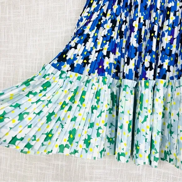 Kenzo Pleated Green &amp; Blue Floral Asymmetrical Jackie Mini Skirt