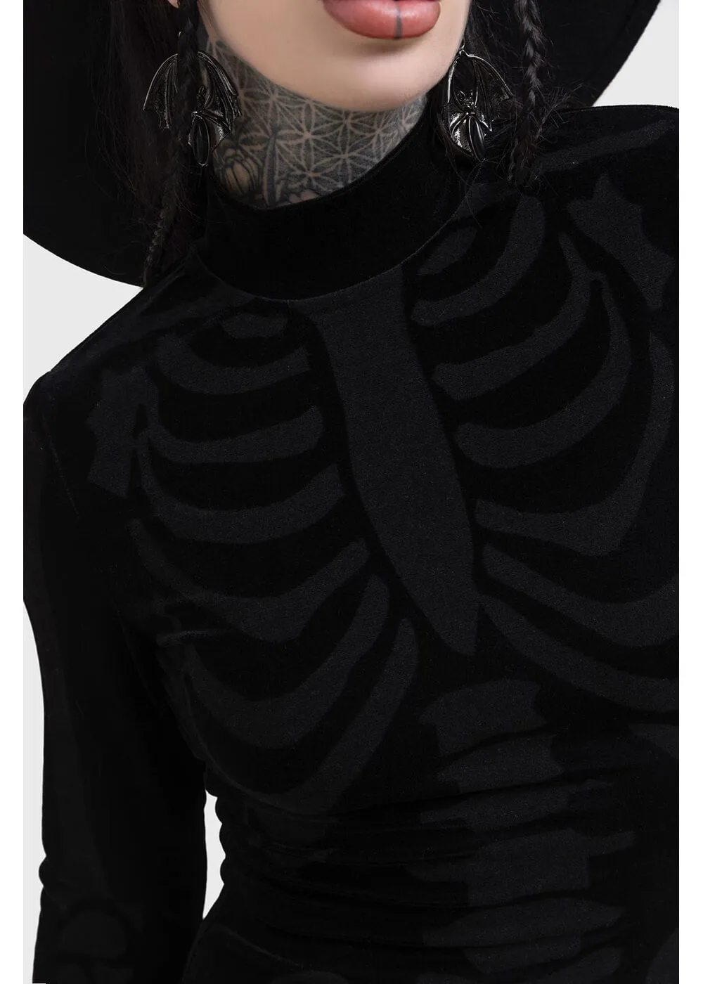 Killstar Skelliecore Skeleton Velvet Mini Dress Black