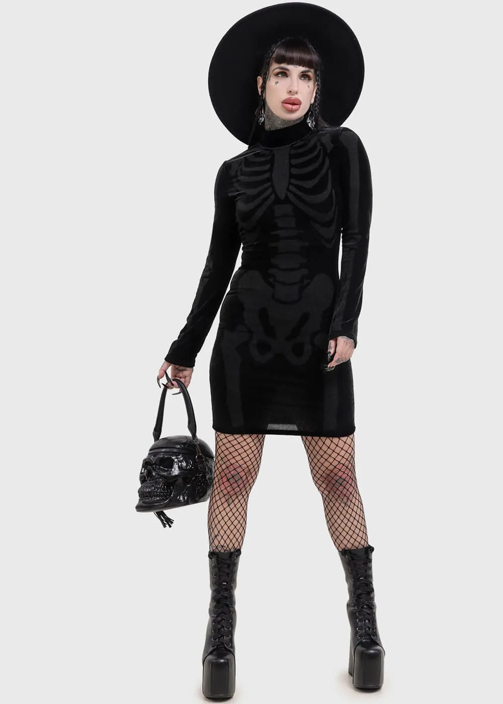 Killstar Skelliecore Skeleton Velvet Mini Dress Black