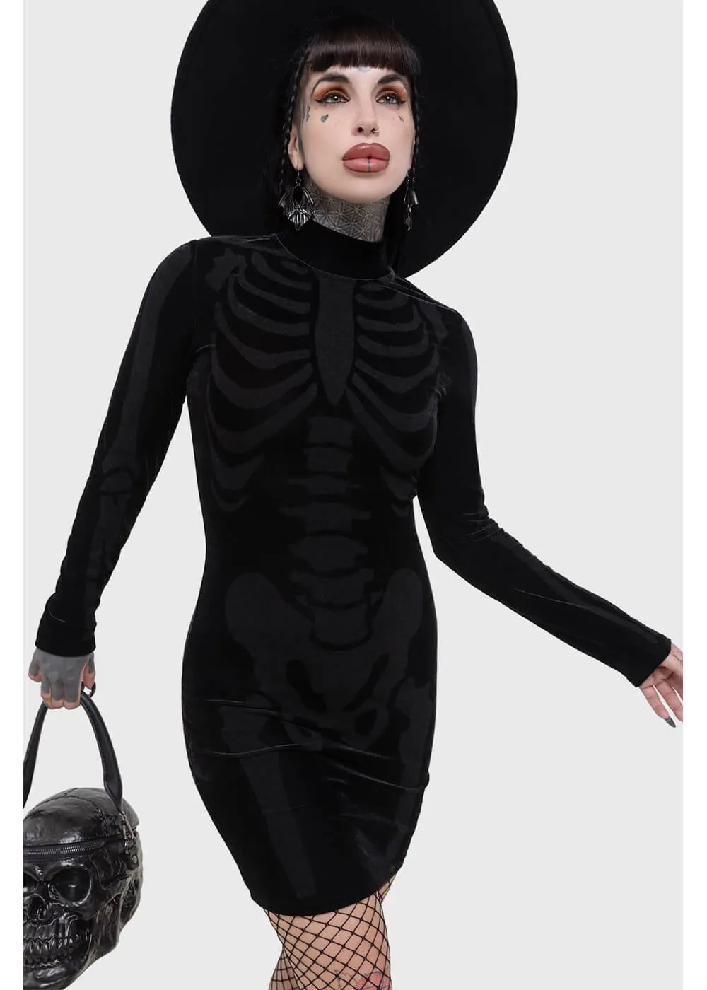 Killstar Skelliecore Skeleton Velvet Mini Dress Black