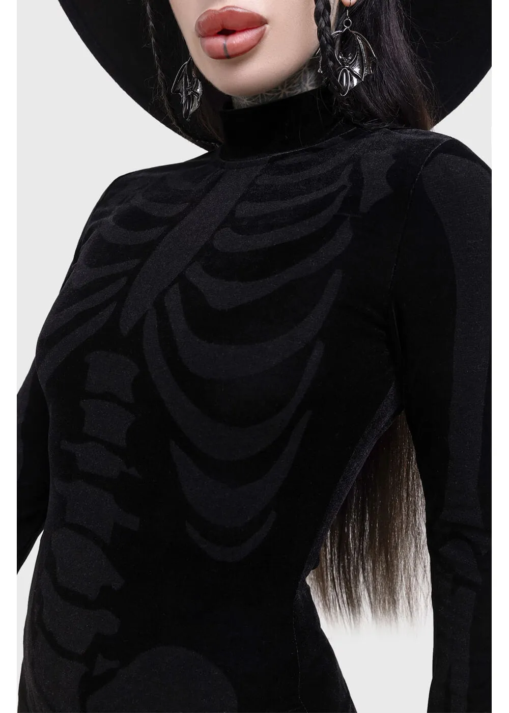 Killstar Skelliecore Skeleton Velvet Mini Dress Black