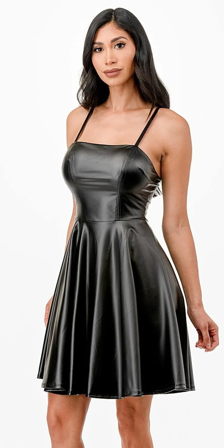 La Scala 26031 Short Flared PU Leather A-Line Dress