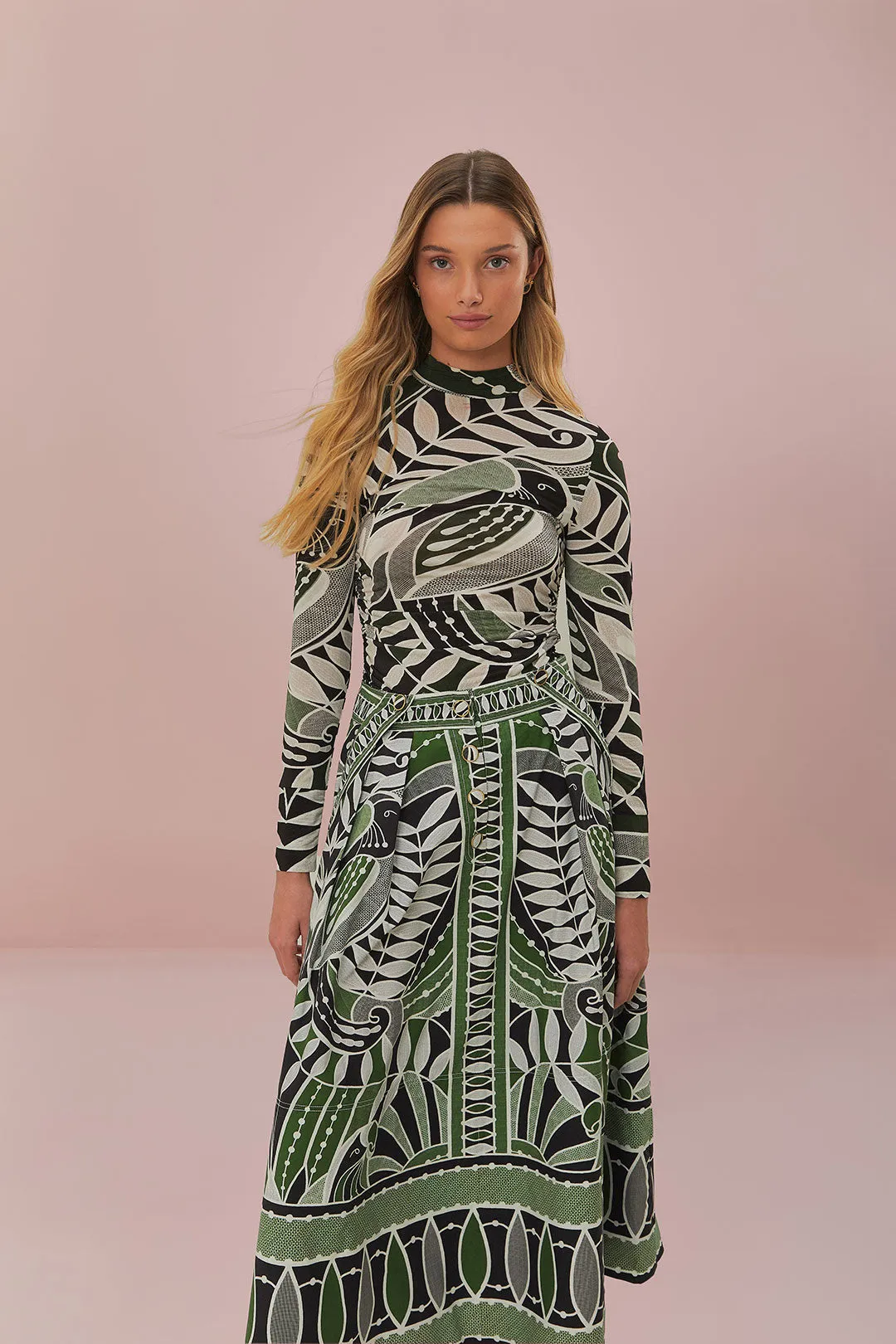 Lace Nature Maxi Flared Skirt in Black and Green