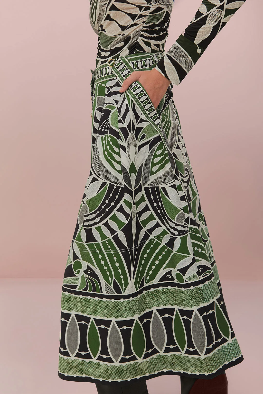 Lace Nature Maxi Flared Skirt in Black and Green
