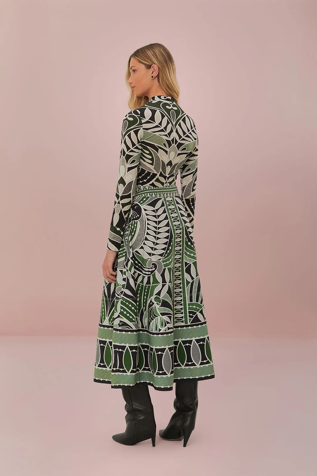 Lace Nature Maxi Flared Skirt in Black and Green