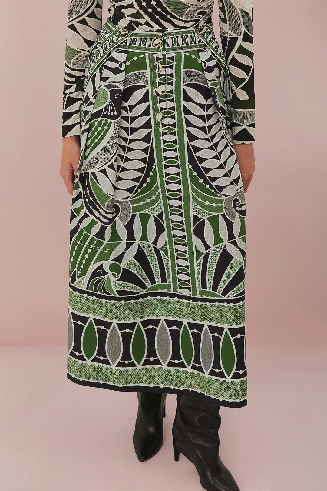 Lace Nature Maxi Flared Skirt in Black and Green