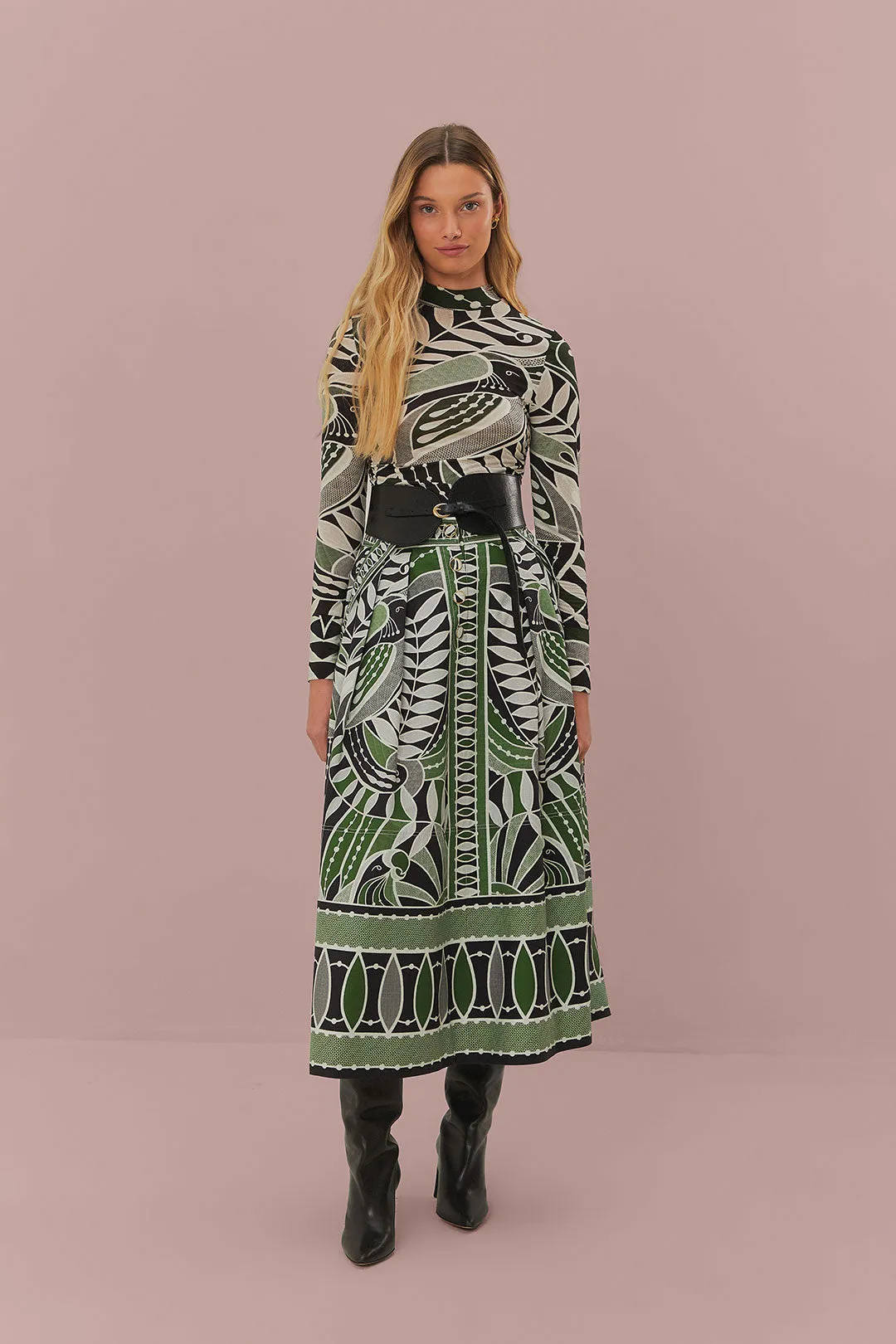 Lace Nature Maxi Flared Skirt in Black and Green